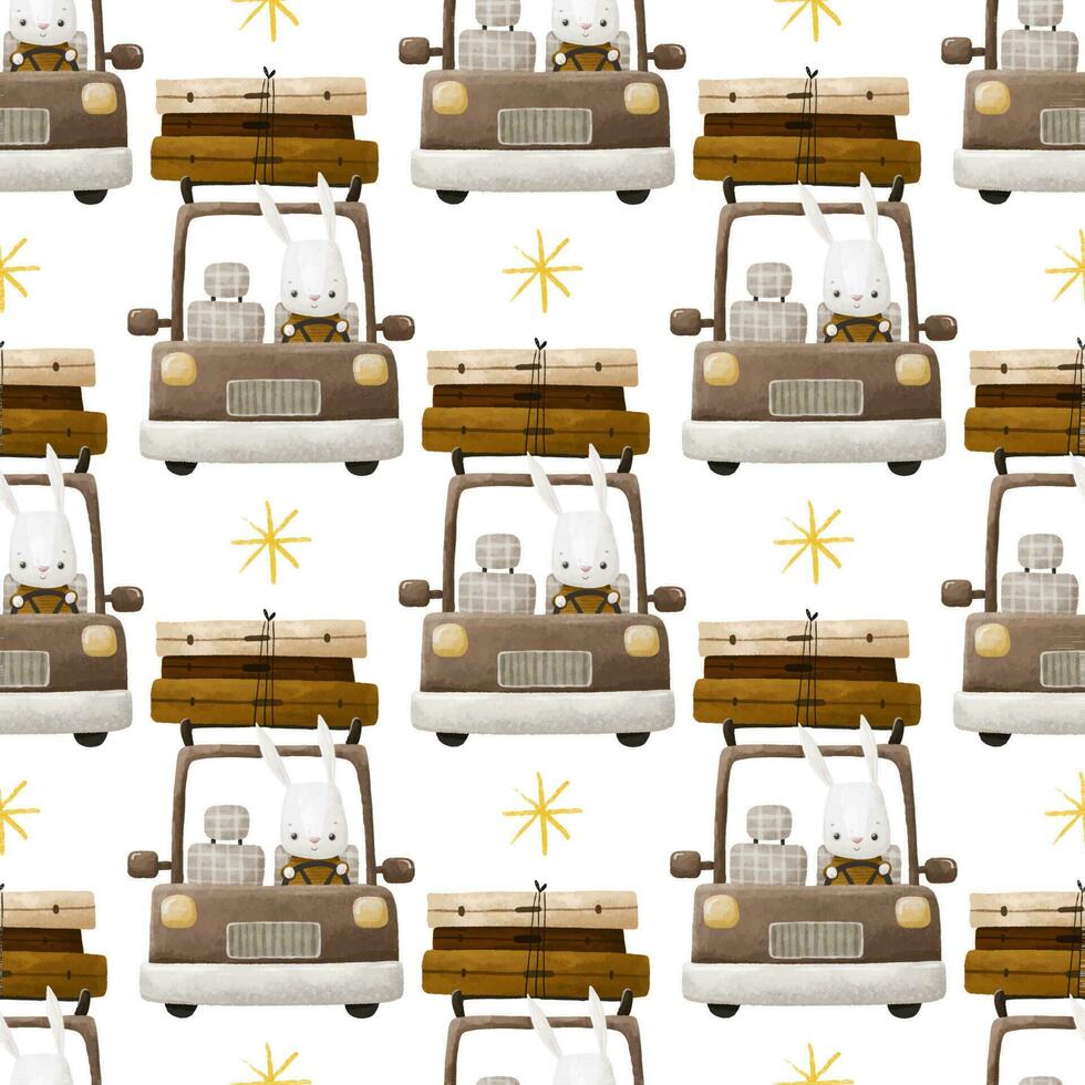 Funny rabbit o transport. Bunny travelling with tree bags on car. Children's cartoon. Seamless pattern. Endless childish design vector