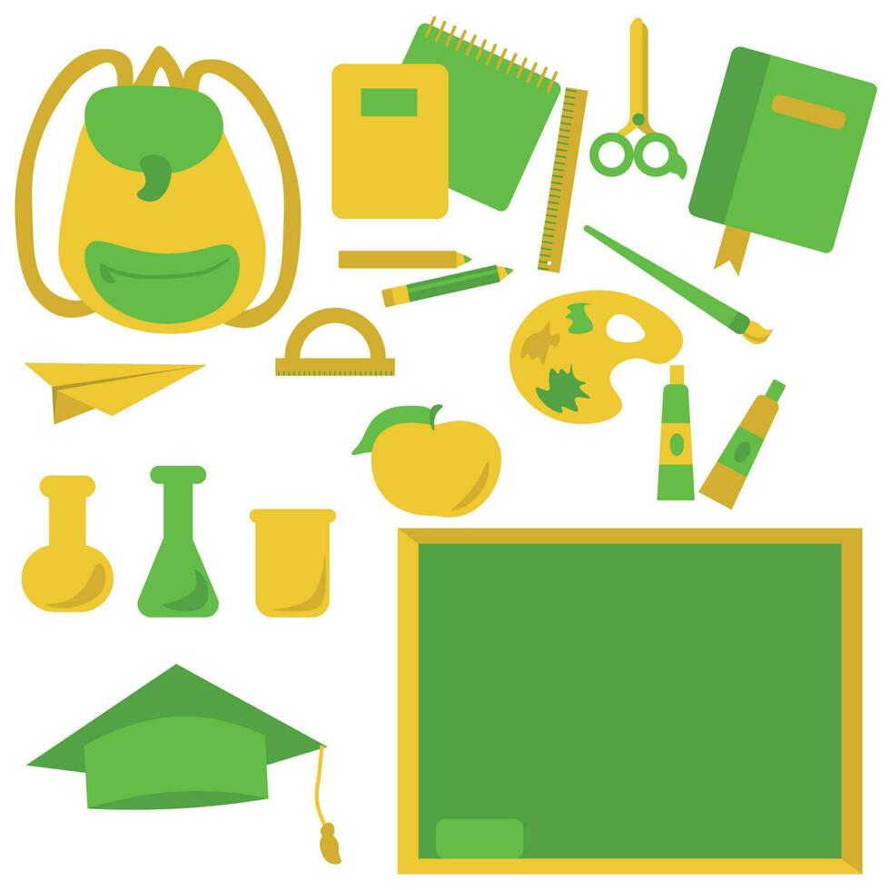 School things clipart set in yellow-green shades for design vector