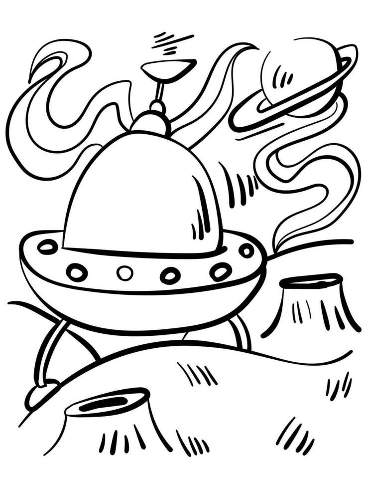 UFO coloring page with a spaceship on the craters, for kids creativity on a space theme vector