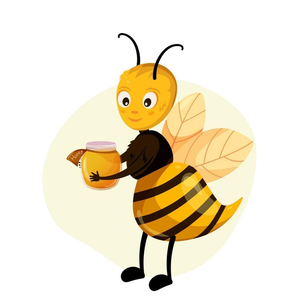 abeja día miel día un dibujos animados abeja participación un tarro de miel vector