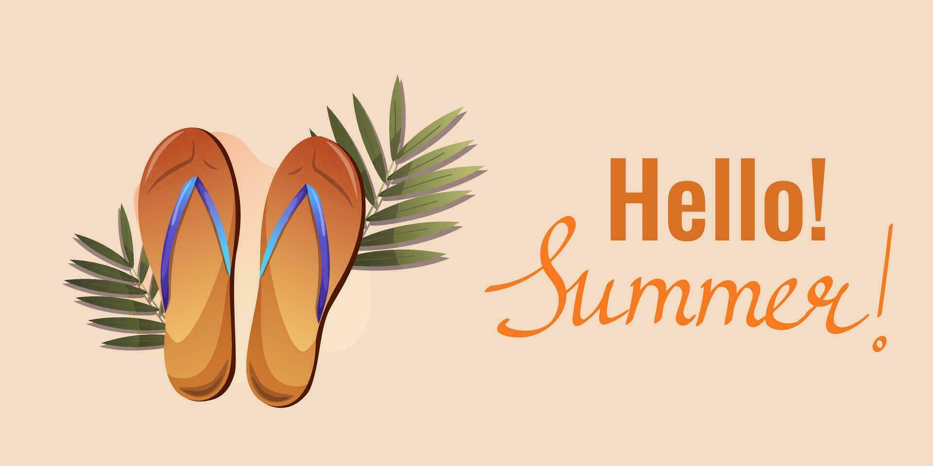 summer time template for flyer banner invitation ads. flip-flops, leaves, lettering, lettering. vector