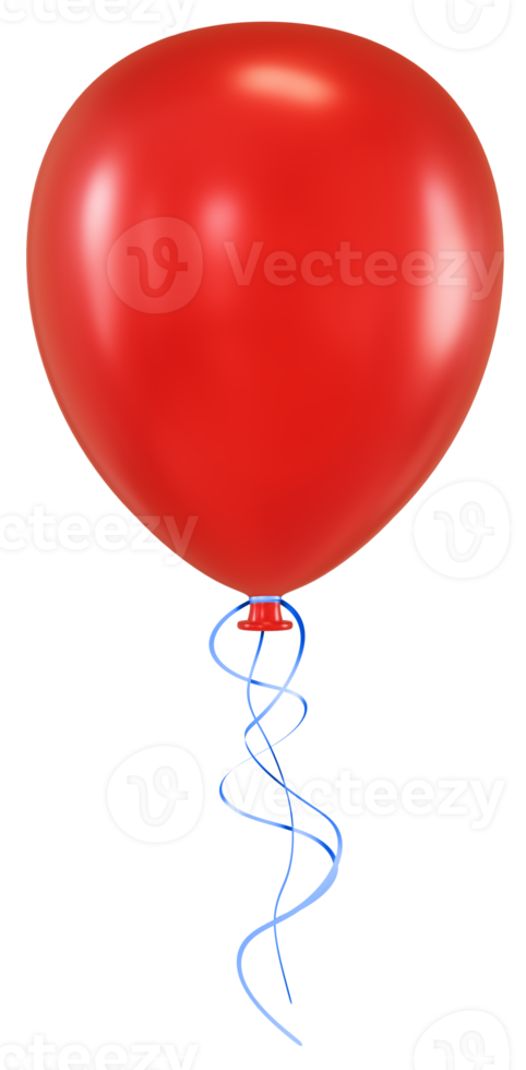 Red balloon with blue ribbon. Render 3D. Isolated on transparent background png