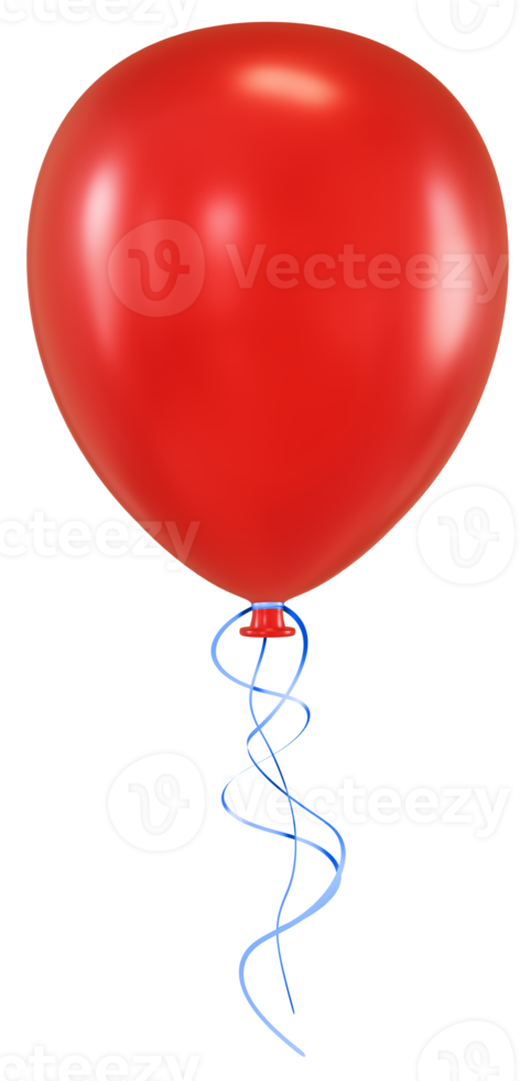 Red balloon with blue ribbon. Render 3D. Isolated on transparent background png