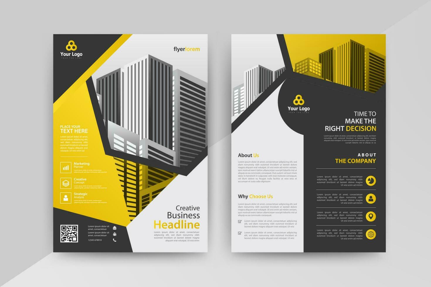 Business abstract vector template for Flyer, Brochure, Annual Report, Magazine, Poster, Corporate Presentation, Portfolio, with yellow and black color size A4, Front and back.