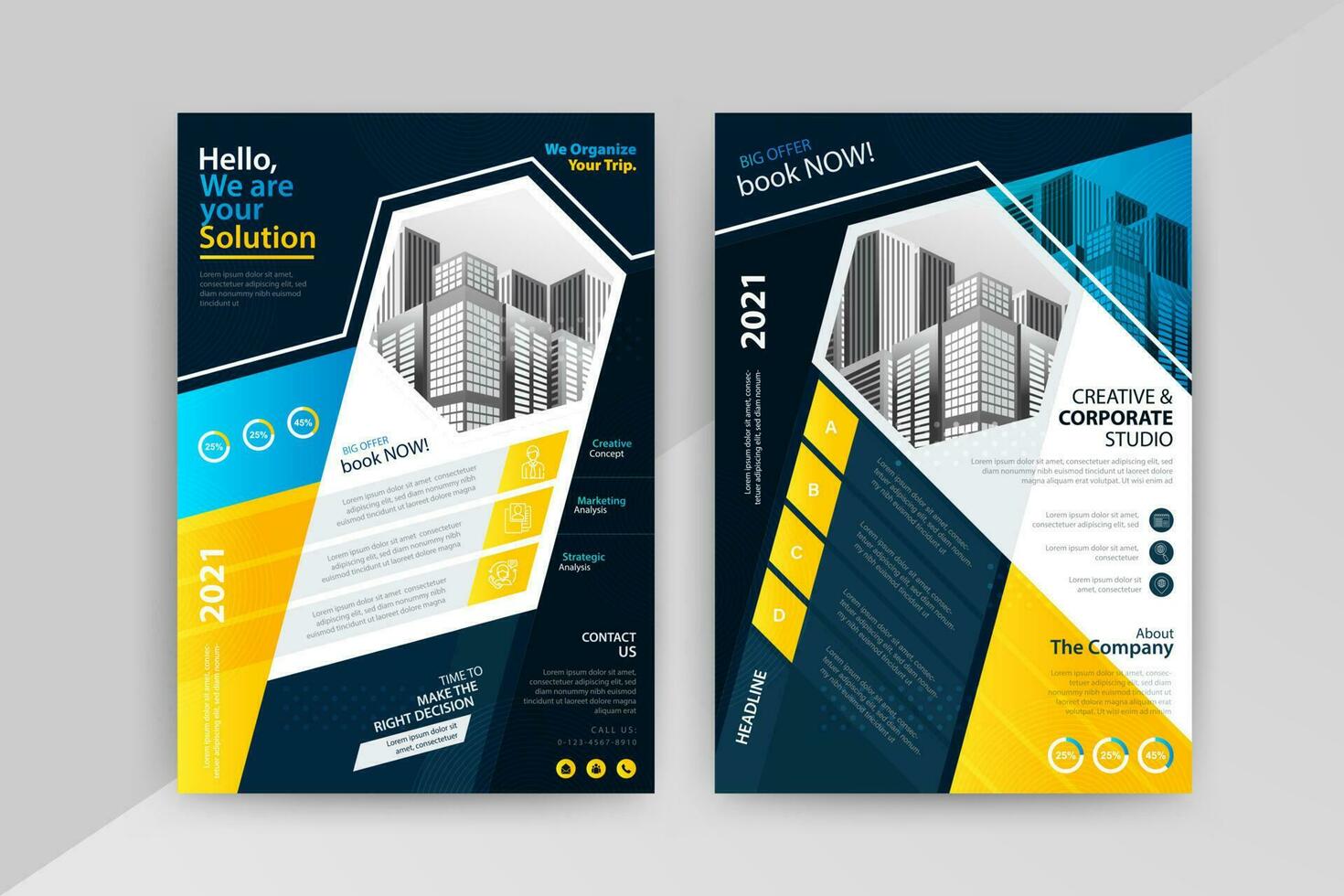 Blue Brochure design. Annual report vector illustration template. Flyer corporate cover. Business presentation with photo and geometric graphic elements.