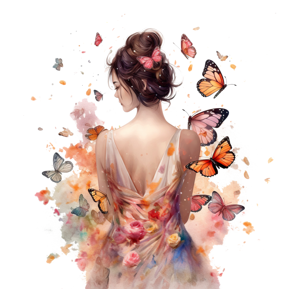 beautiful looking Girl and Butterflies in style of watercolor illustration, carnation flowers arrangement decoration, plenty of butterflies, isolated on Transparent background, generate ai png