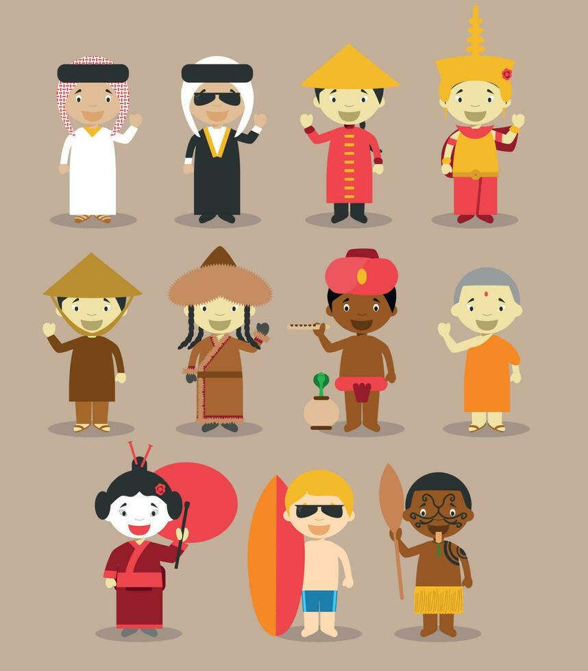 Kids and nationalities of the world vector illustration. Asia and Oceania-Australia Set 3. Set of 11 characters dressed in different national costumes. 9 from Asia and 2 from Oceania-Australia.