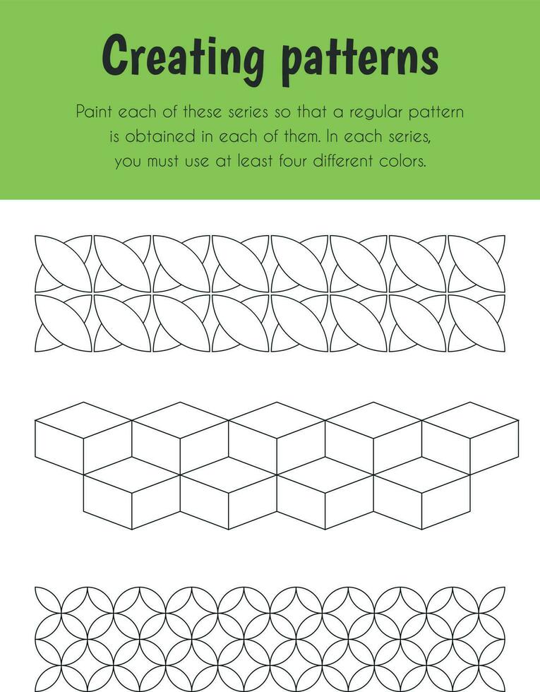 Creating patterns Educational Sheet. Primary module for Logic Reasoning. 5-6 years old. Educational Sheets Series vector