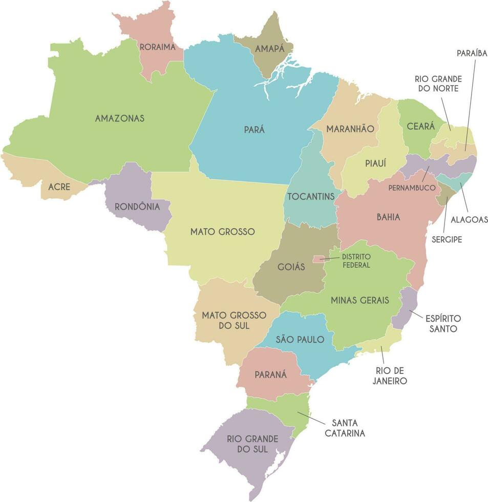 Vector map of Brazil with regions or states and administrative divisions. Editable and clearly labeled layers.