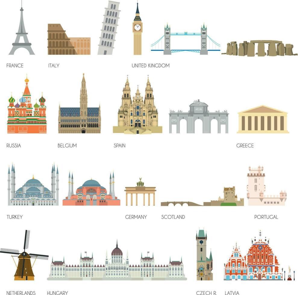 Set of 20 Monuments of Europe. Vector illustration