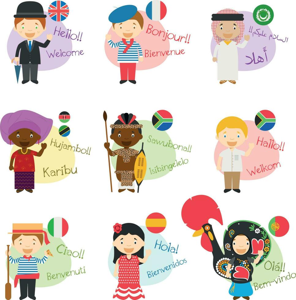Vector illustration set of cartoon characters saying hello and welcom in 9 languages spoken in Africa