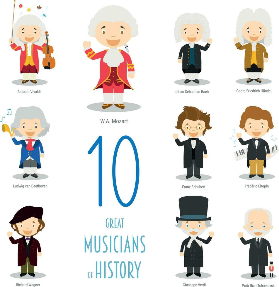 Kids Vector Characters Collection. Set of 10 Great Musicians of History in cartoon style.