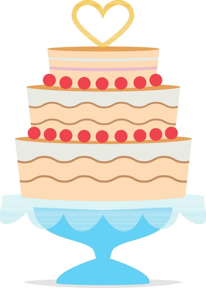Wedding cake with a heart shape on top and a blue tray. Wedding icon concept Vector illustration