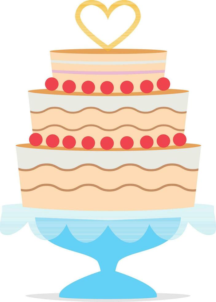 Wedding cake with a heart shape on top and a blue tray. Wedding icon concept Vector illustration