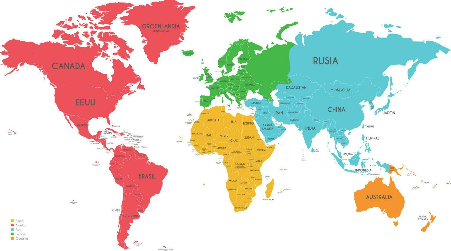 Political World Map vector illustration with different colors for each continent and isolated on white background  with country names in spanish. Editable and clearly labeled layers.