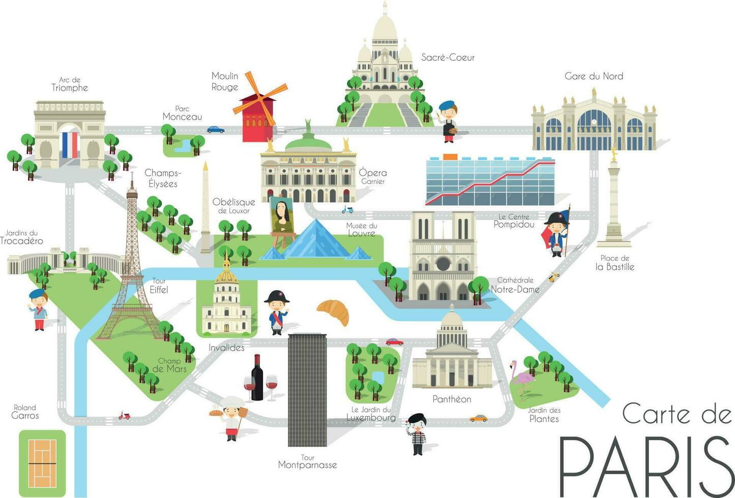 Cartoon vector map of the city of Paris, France. Travel illustration with landmarks and main attractions.