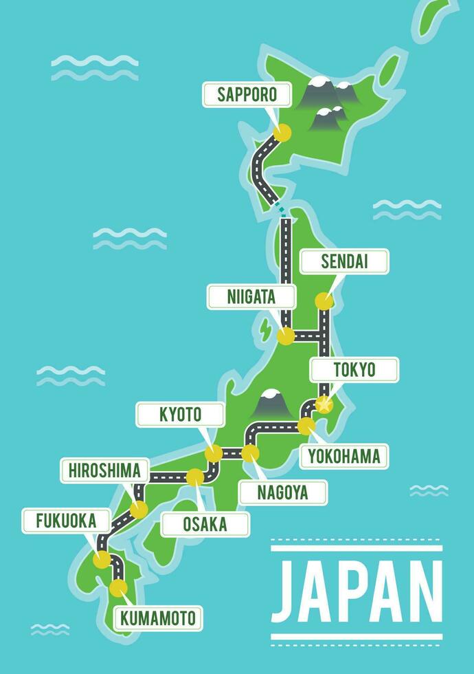 Cartoon vector map of Japan. Travel illustration with japanese main cities.