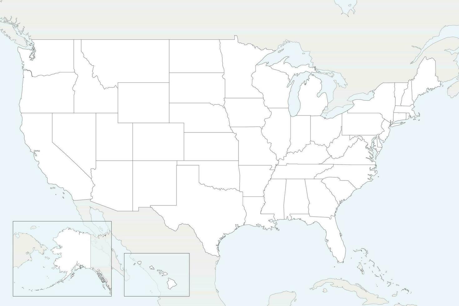 Vector blank map of USA with states and administrative divisions, and neighbouring countries. Editable and clearly labeled layers.