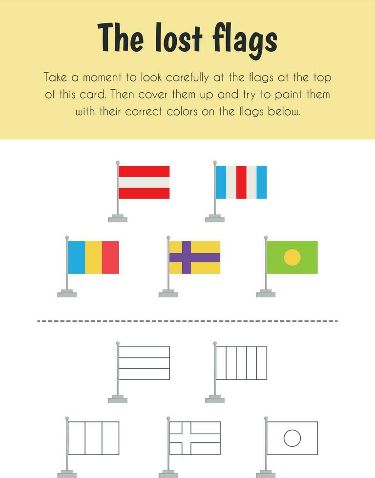 The lost flag Educational Sheet. Primary module for Memory. 5-6 years old. Educational Sheets Series vector