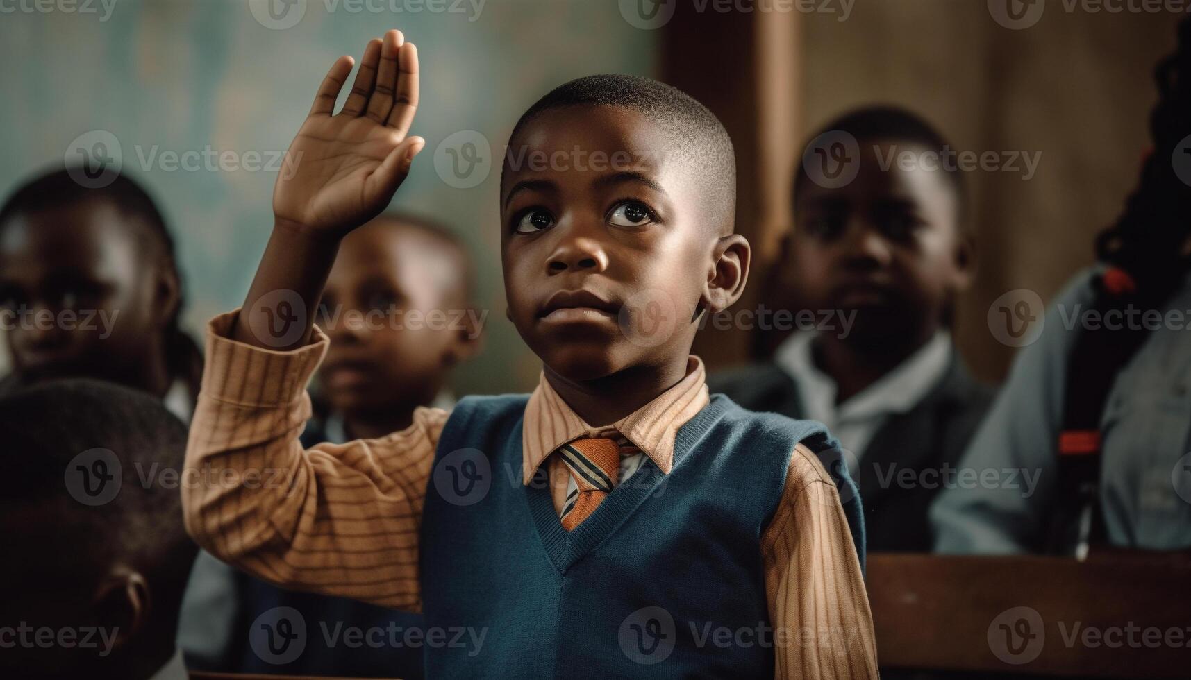 Smiling African American schoolboy and multi ethnic classmates studying indoors together generated by AI photo