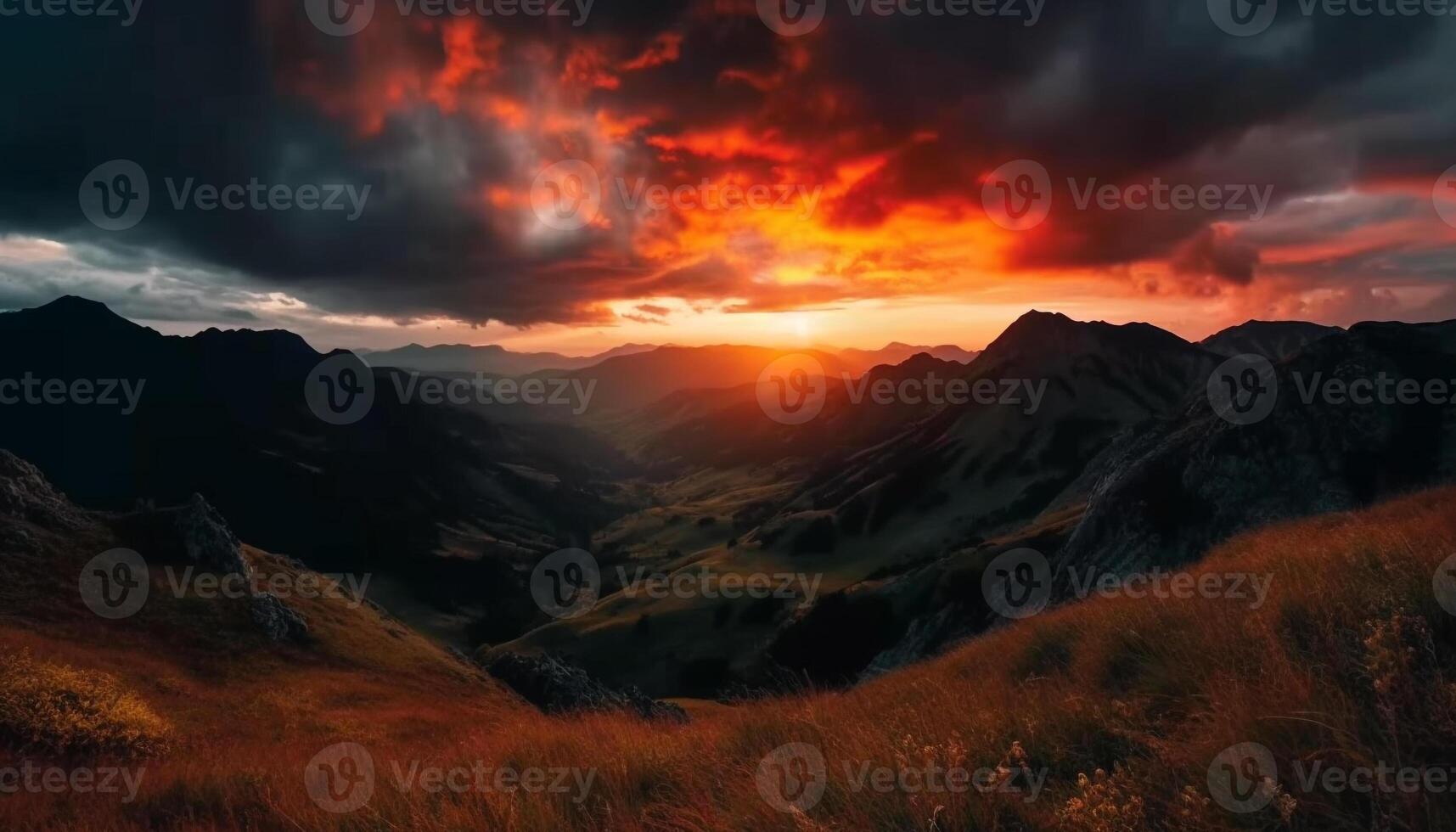 Majestic mountain peak, back lit by sunset yellow sky generated by AI photo