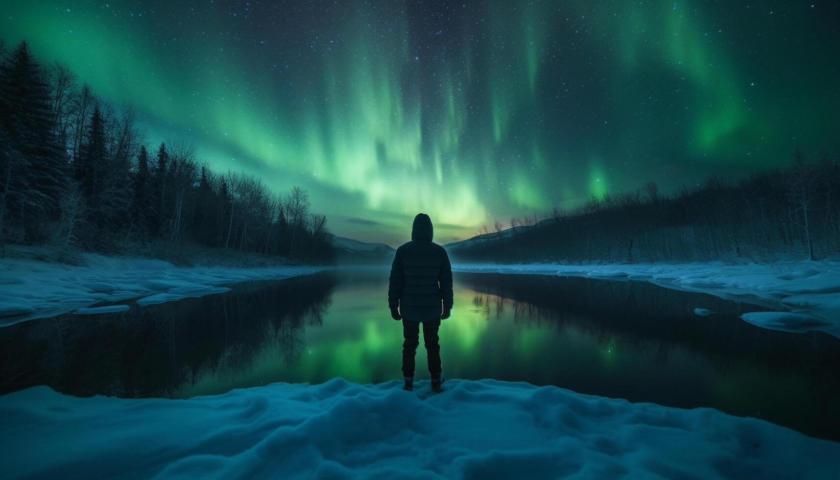 One person standing in arctic landscape, illuminated by starry night generated by AI photo