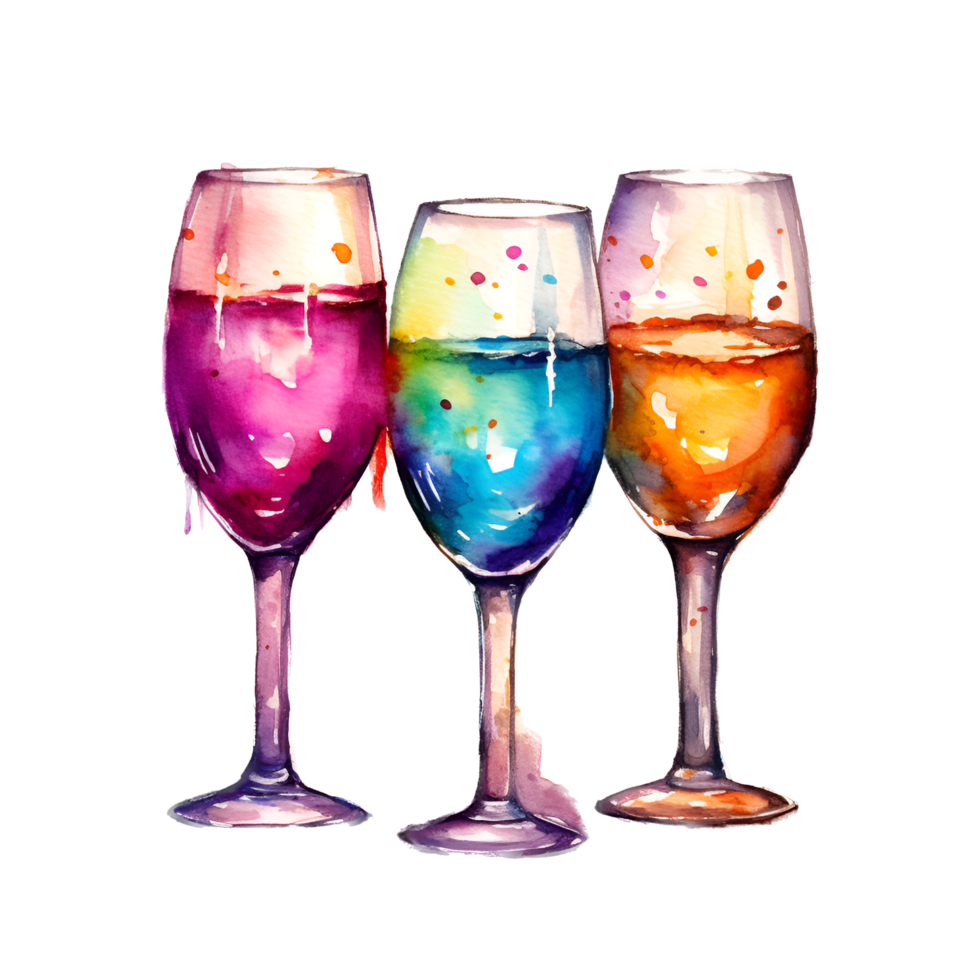 coloré du vin des lunettes aquarelle clipart ai généré png