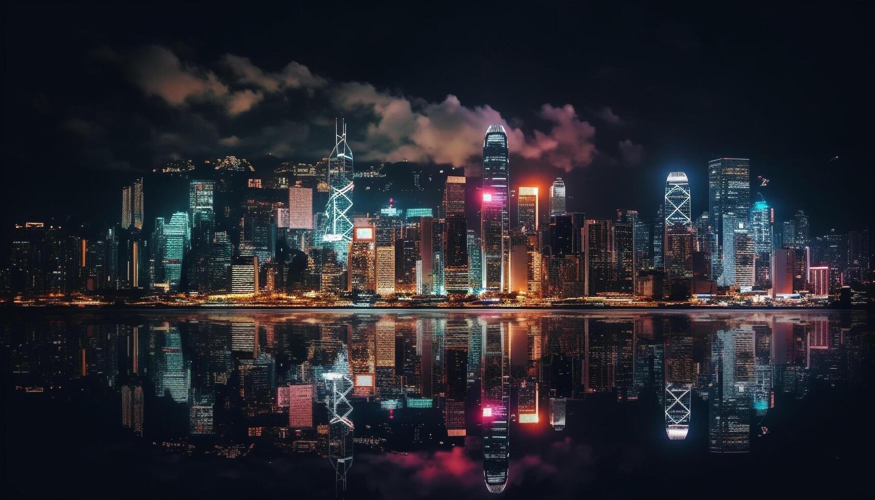 Modern city skyline illuminated at dusk reflects on waterfront skyline photo