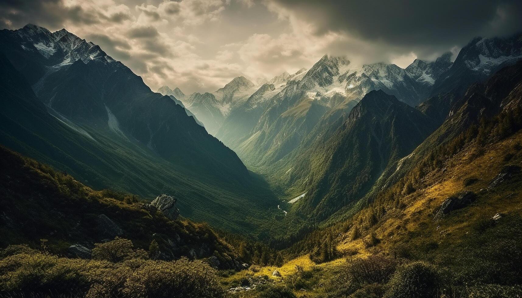 majestuoso montaña cima, panorámico paisaje, tranquilo prado, naturaleza belleza generativo ai foto