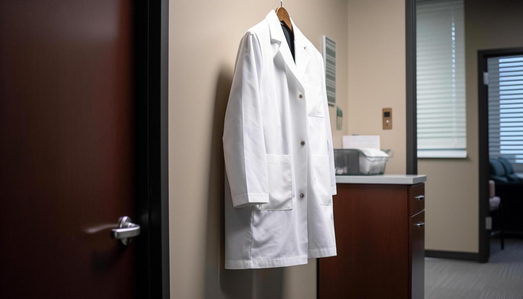 Modern healthcare expert in lab coat standing in luxury bedroom photo