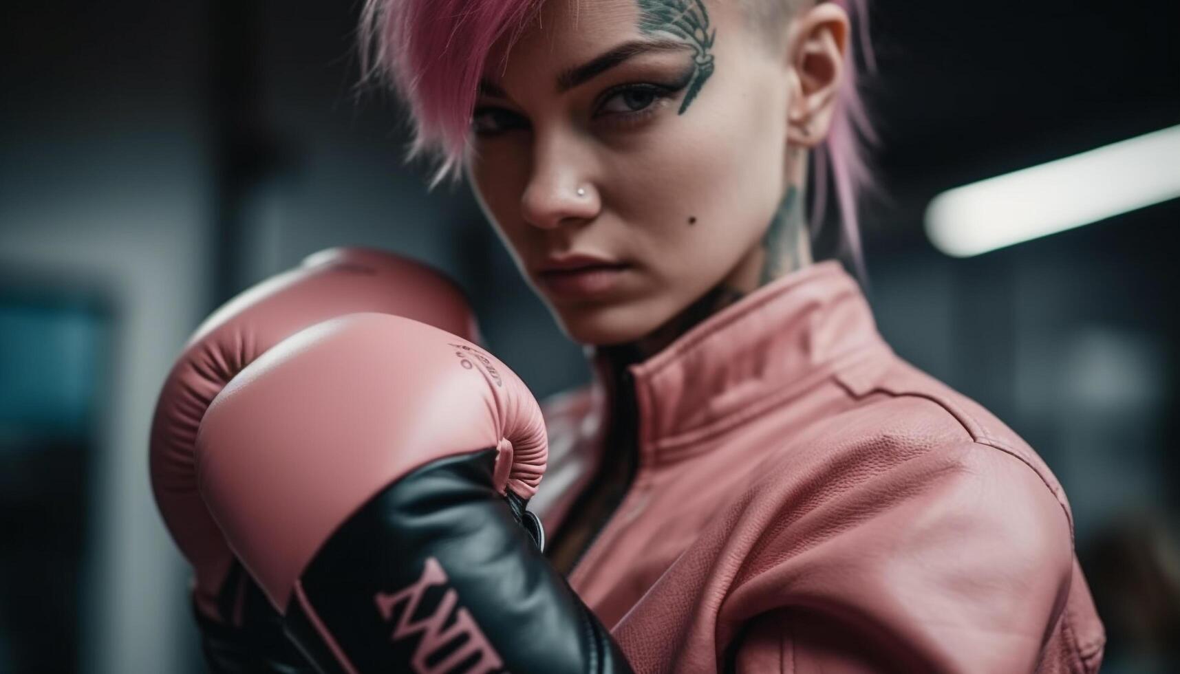 Confident young woman in sports clothing punching with determination indoors photo