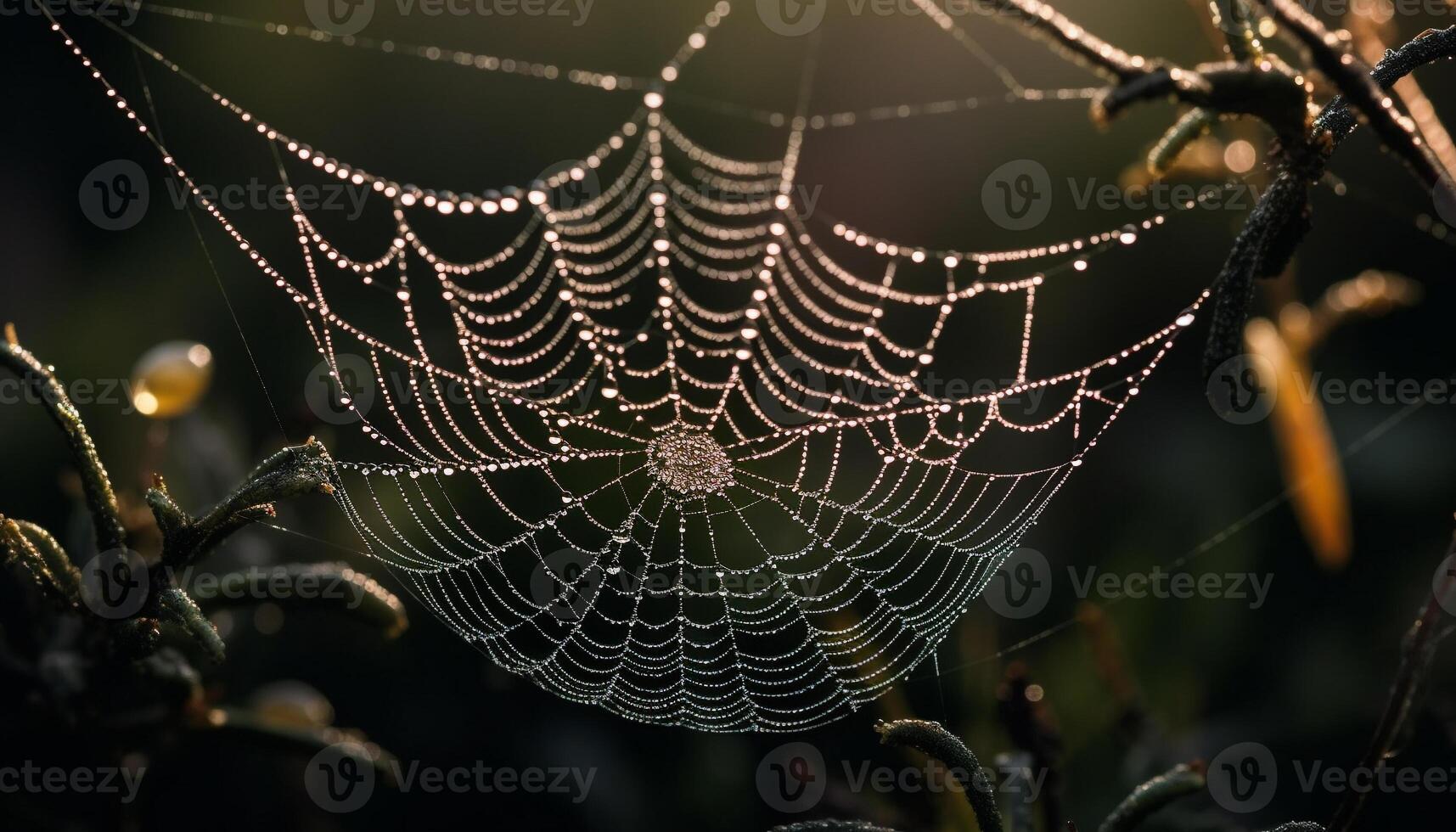 Spooky spider web traps dew drops in autumn forest meadow photo