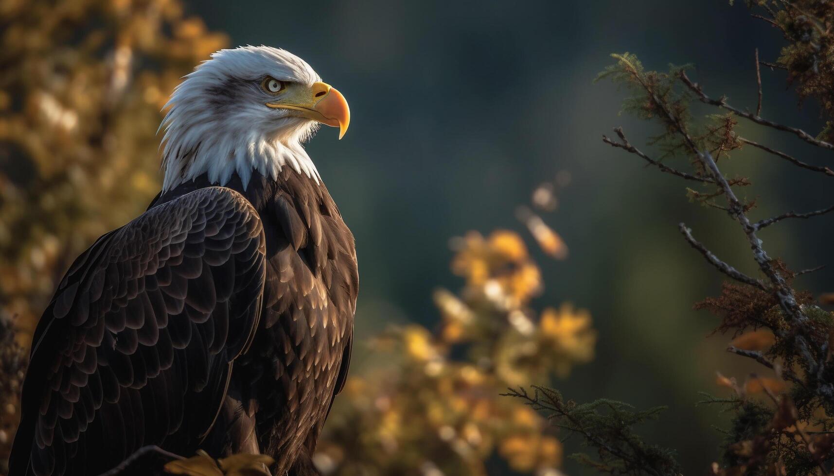 Majestic bald eagle perching on branch, focus on foreground generated by AI photo