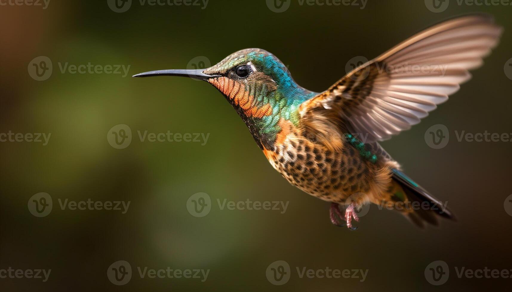 Hummingbird hovering, spread wings, iridescent, multi colored, pollinating flower generated by AI photo