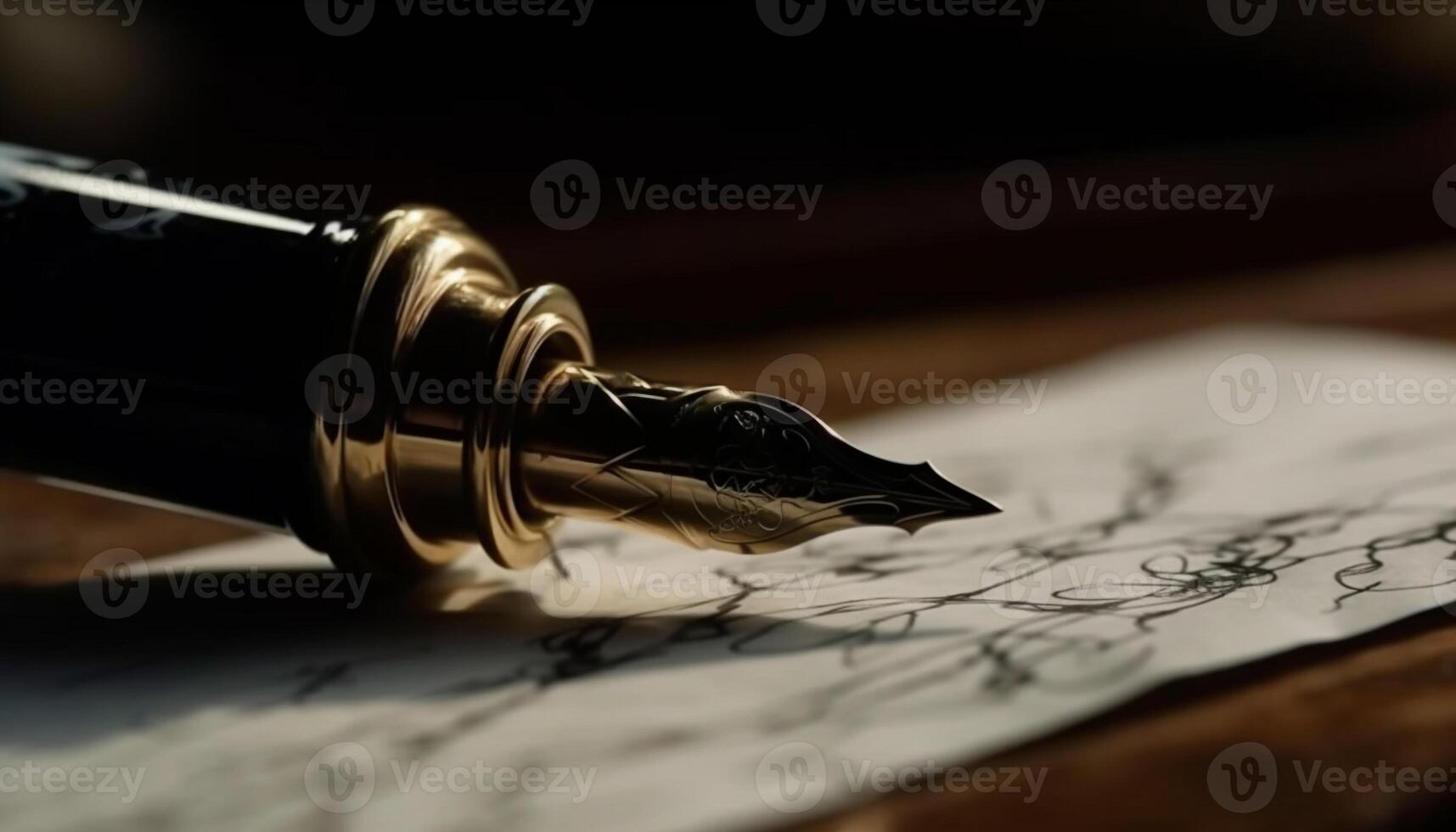 Antique quill pen on parchment, selective focus, elegant manuscript generated by AI photo