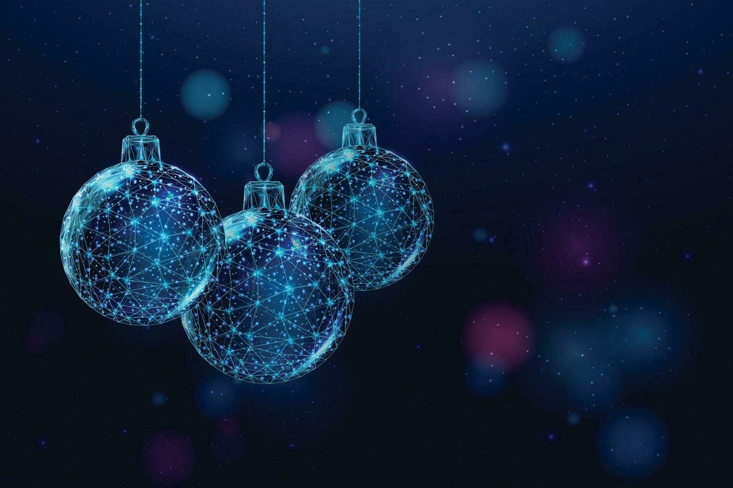 Wireframe Christmas balls, low poly style. Merry Christmas and New Year banner. Abstract modern 3d vector illustration on blue background.