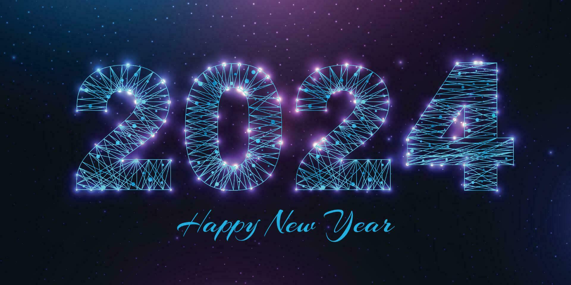 Happy new year 2024 greeting card. Low poly style design. Numbers from a polygonal wireframe mesh. Abstract vector illustration on dark background.