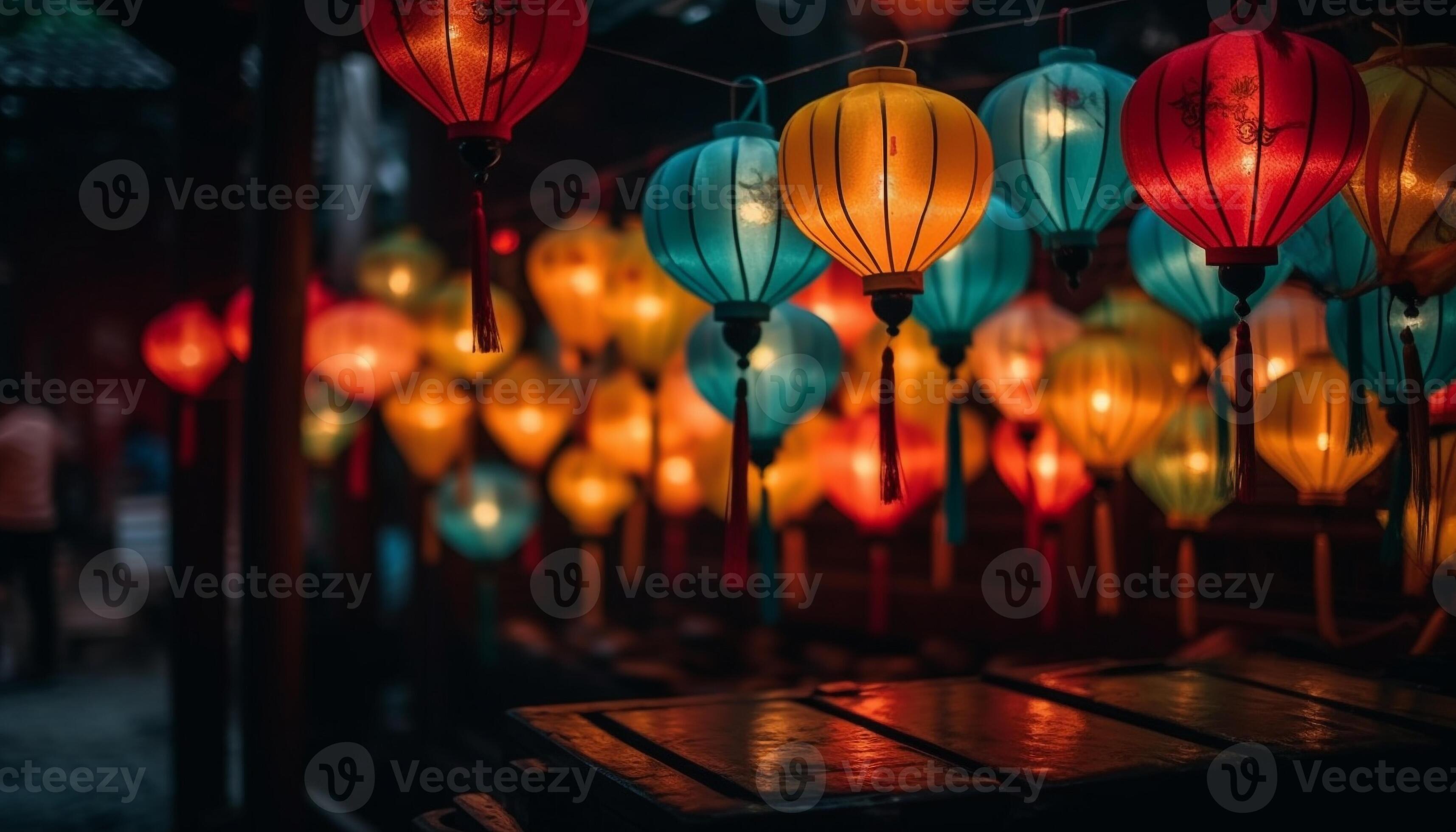 Chinese lanterns hanging in the dark, glowing vibrant colors generated