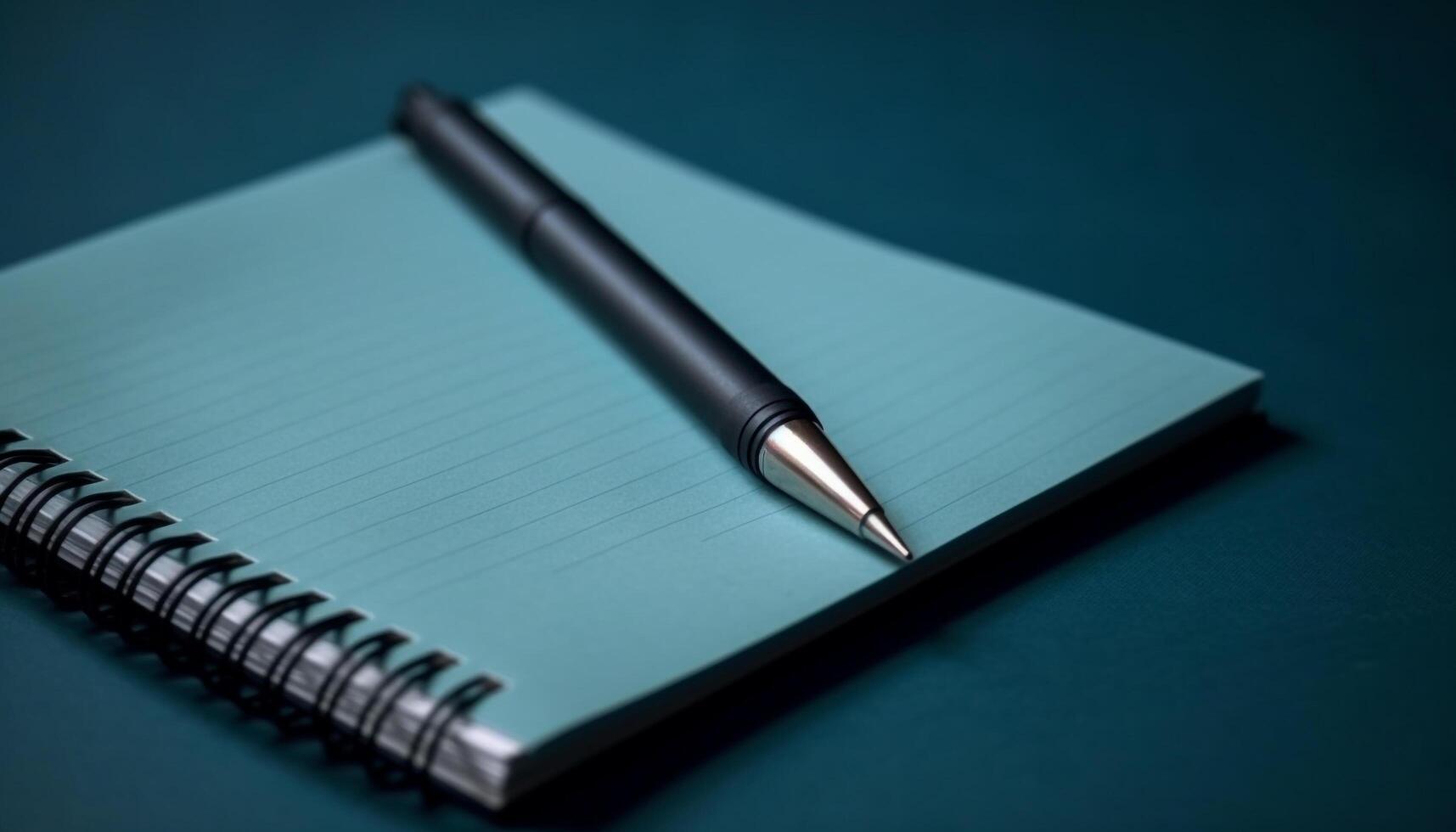 Clean wood desk with spiral notebook and ballpoint pen generated by AI photo