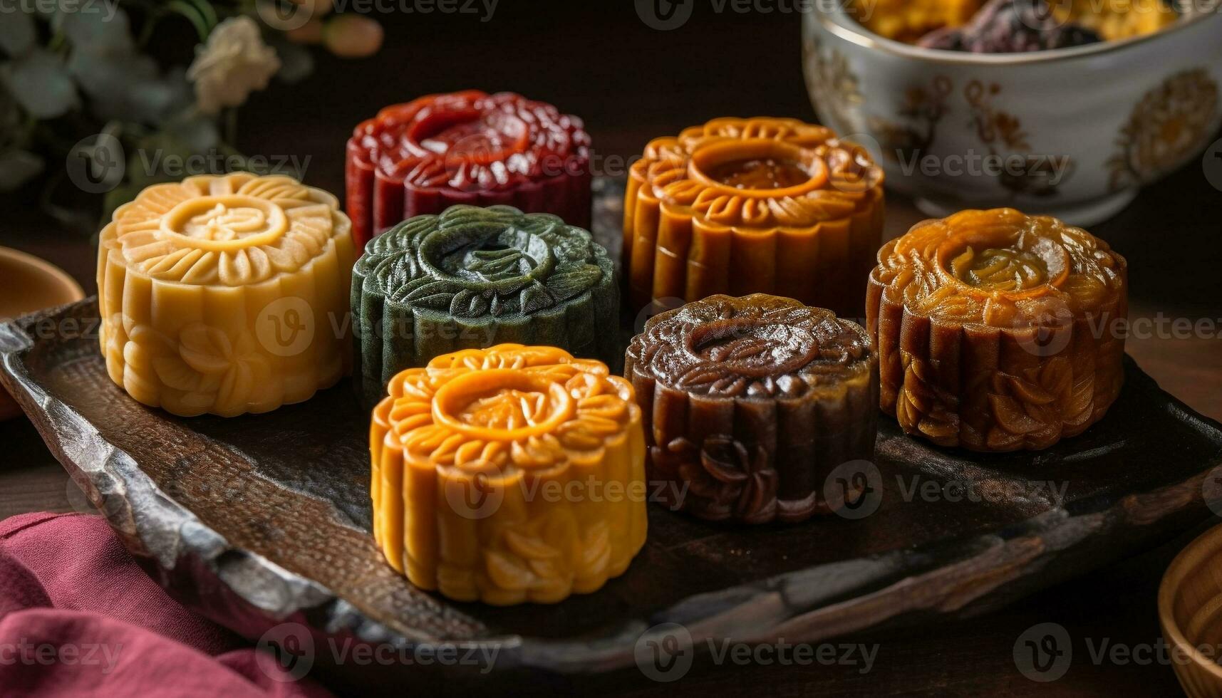Autumn moon cake, a traditional Chinese dessert for festivals generated by AI photo