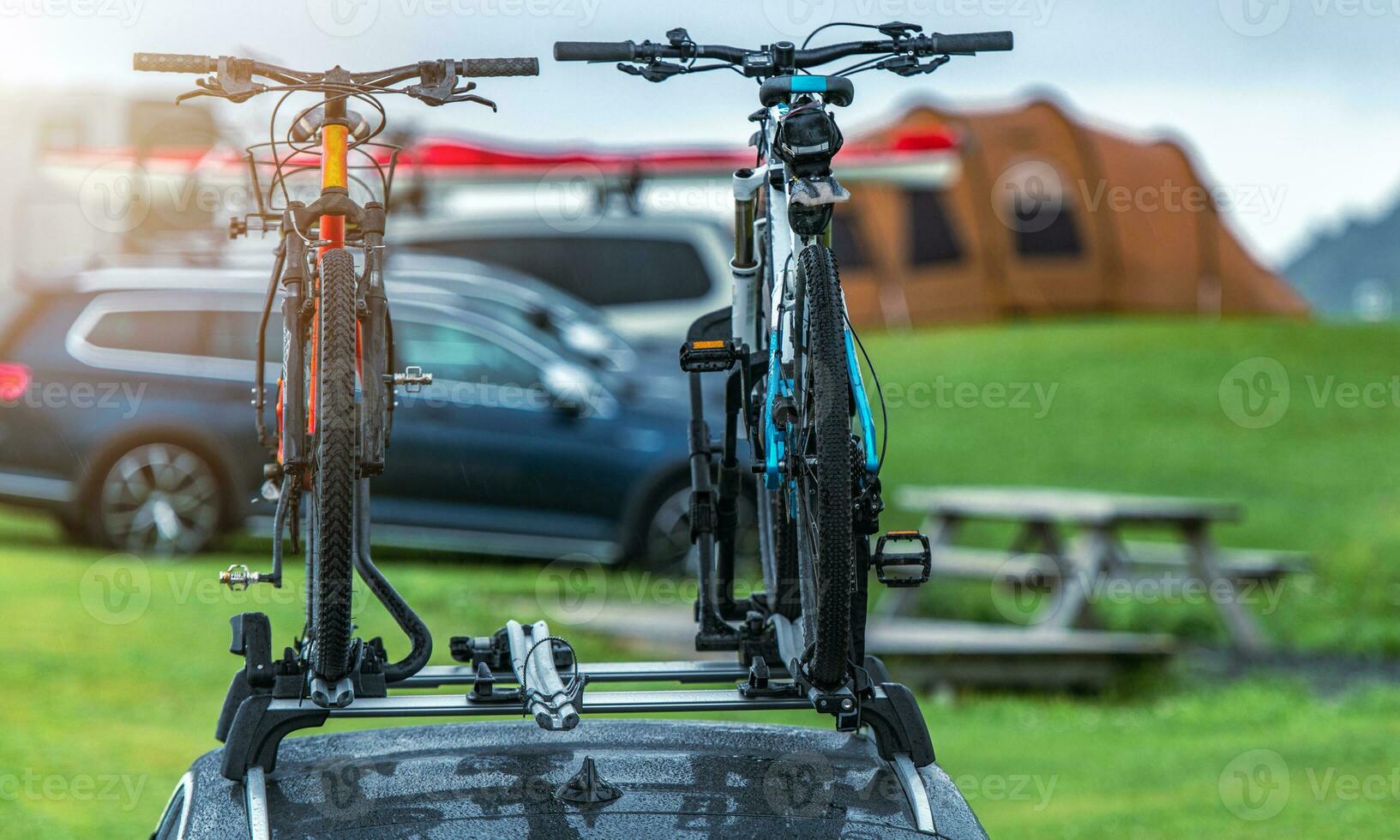 Rooftop Rack with Bikes on a Car photo