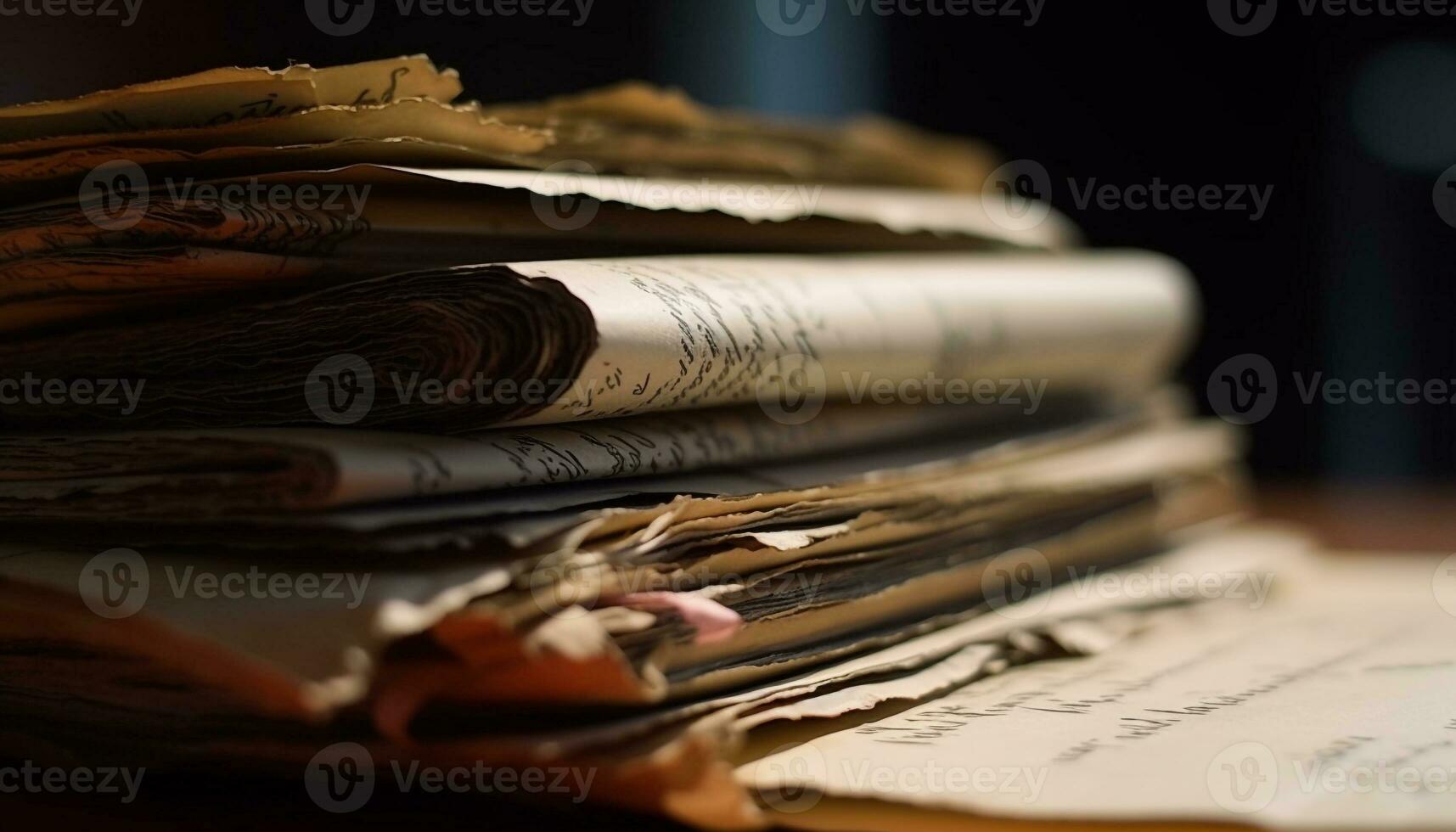 Ancient handwritten Bible on stained paper, a religious publication collection generated by AI photo