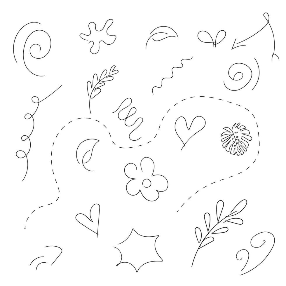 Hand drawn vector doodle Doodle Swash Black Thin Line Set Include of Heart, Stroke, Circle and Arrow Sign. Vector illustration