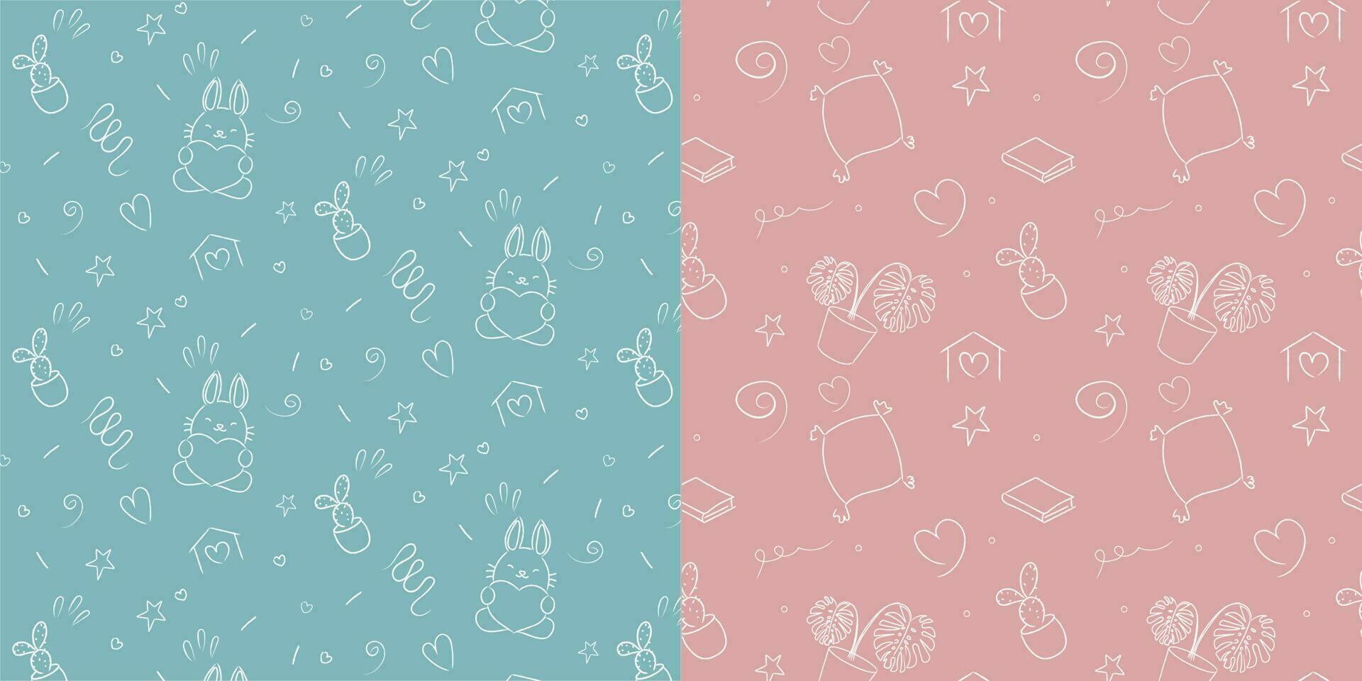Patter hand drawn in doodle style, children, drawn bunny, heart, star, cactus, pillow, flowers pink turquoise blue vector