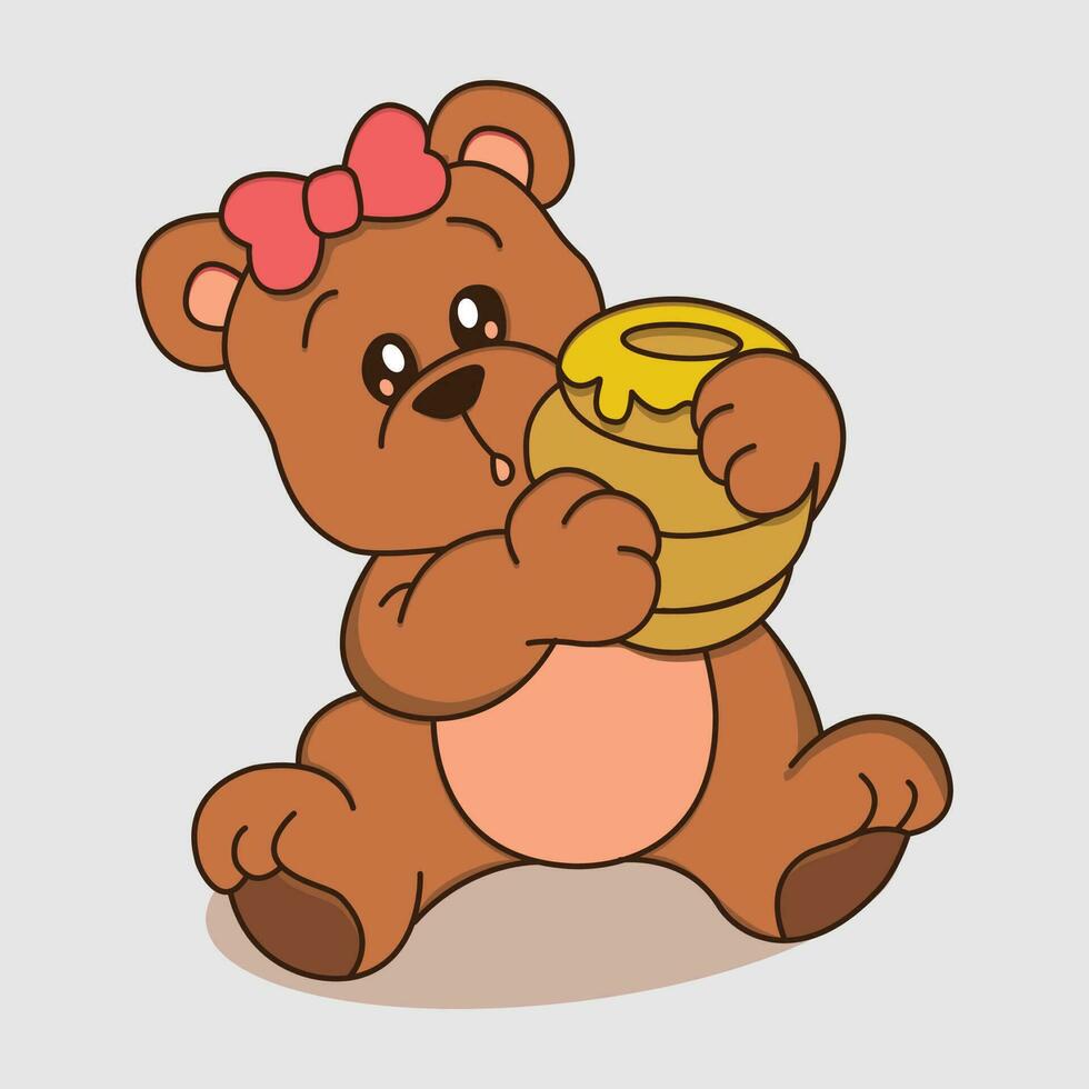 Cute Bear Vector with Ribbon Holding Honey