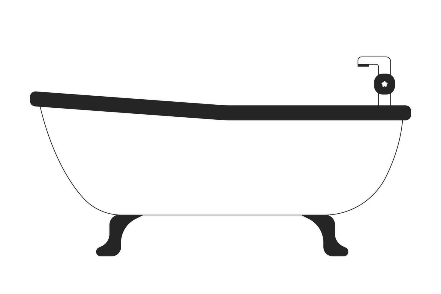Bathtub with faucet in bathroom line art vector cartoon icon. Editorial, magazine spot illustration black and white. Outline object isolated on white. Editable 2D simple drawing, graphic design