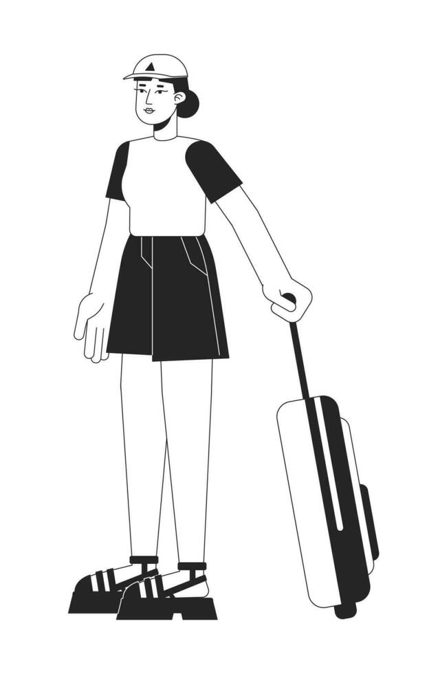 asiático mujer de viaje con maleta plano línea negro blanco vector personaje. editable contorno lleno cuerpo persona. turista niña con equipaje sencillo dibujos animados aislado Mancha ilustración para gráfico diseño