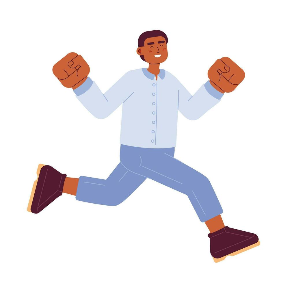 emocionado africano americano masculino saltando semi plano vistoso vector personaje. celebrando joven adulto hombre. editable lleno cuerpo persona en blanco. sencillo dibujos animados Mancha ilustración para web gráfico diseño