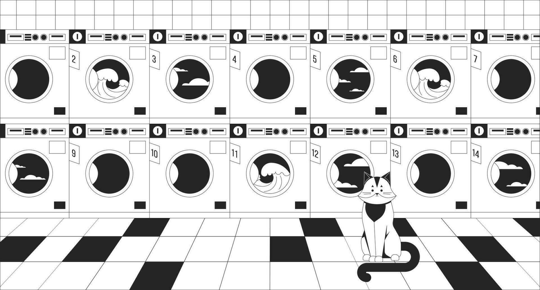 Commercial washers with cat black and white lo fi chill wallpaper. Laundromat. Cute animal at laundry room 2D vector cartoon interior illustration, minimalism background. 80s retro album art, line art