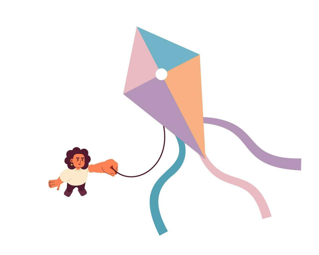 Kite flying high semi flat colorful vector character. Caucasian girl with kite. Play outdoor in summer. Editable full body person on white. Simple cartoon spot illustration for web graphic design